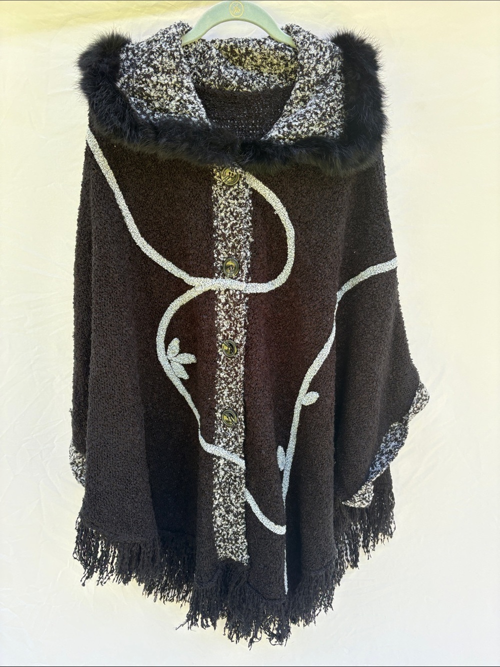 Black Faux Fur Trim Poncho with Light Gray Accents